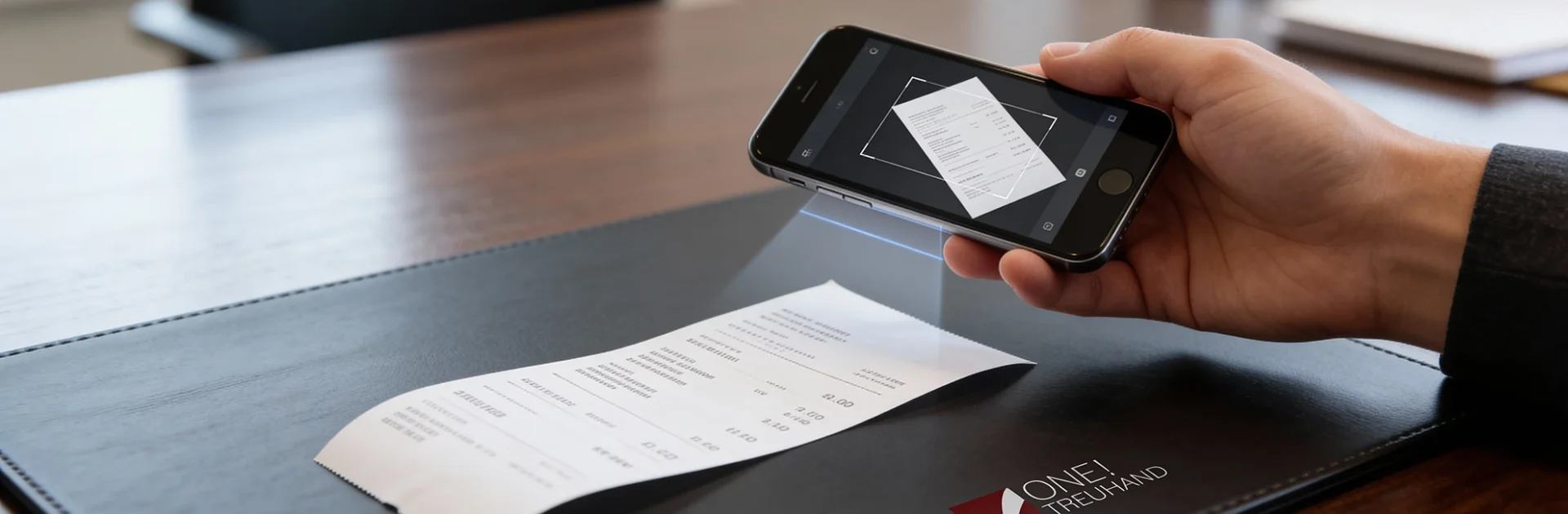 Hand scannt Beleg mit Smartphone-App für digitale Buchhaltung in der Steuerberatung. Effizienz in der Treuhand verwalten.