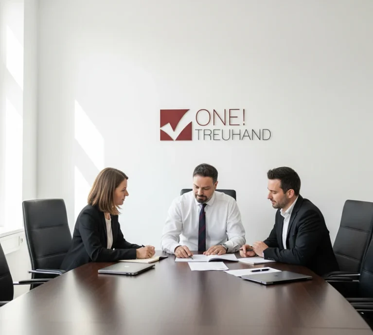 In einem modernen Büro besprechen Experten für Steuerberatung und Treuhand relevante Dokumente am Konferenztisch.