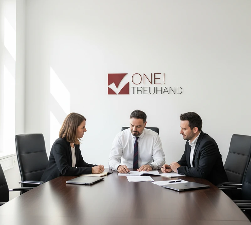 In einem modernen Büro besprechen Experten für Steuerberatung und Treuhand relevante Dokumente am Konferenztisch.