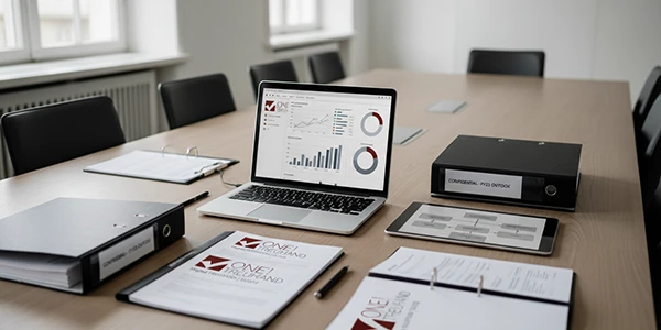 Ein moderner Konferenzraum mit Laptop zeigt Analyse-Diagramme, ideal für Treuhand- und Steuerberatungs-Dienstleistungen.