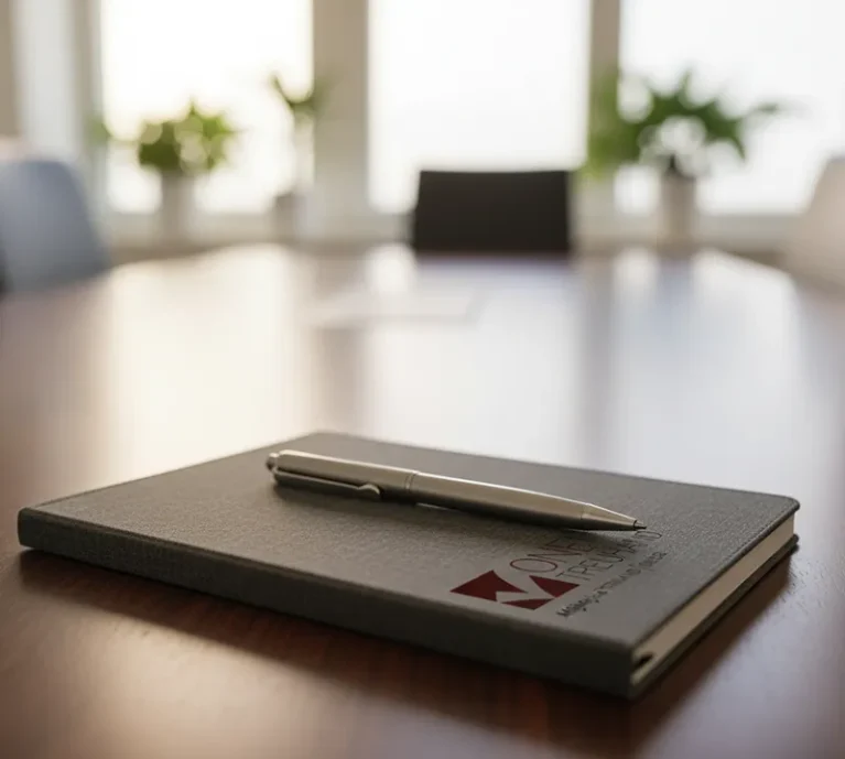 Notizblock und Stift auf Tisch mit One Treuhand Logo