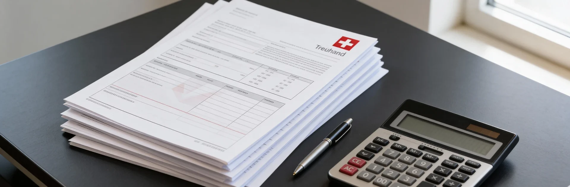 Dokumente, Taschenrechner und Stift auf Schreibtisch: Steuerberatung, Treuhand, Buchhaltung, Finanzanalyse.