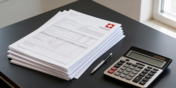 Der Schreibtisch zeigt Steuerdokumente neben einem Taschenrechner, ideal für Treuhand- und Steuerberatungsarbeiten.