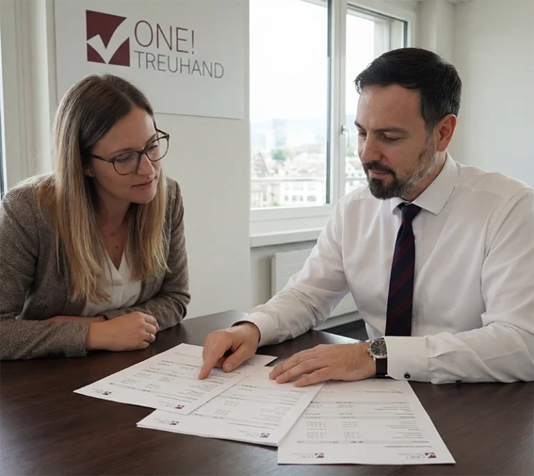 Zwei Fachleute besprechen Finanzdokumente im Treuhandbüro, was präzise Steuerberatung gewährleistet.