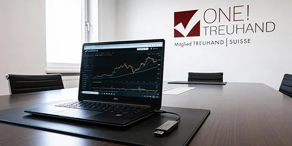 In einem modernen Besprechungsraum wird Finanzberatung am Laptop visualisiert. Treuhand und Steuerberatung effektiv dargestellt.