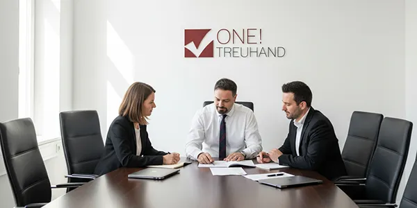 In einem modernen Konferenzraum beraten sich Fachleute für Treuhand und Steuerberatung über wichtige Dokumente.