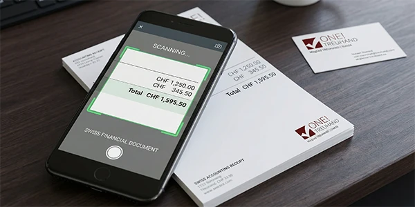 Ein modernes Smartphone scannt ein Finanzdokument, optimiert für Treuhandlösungen und effektive Steuerberatung.