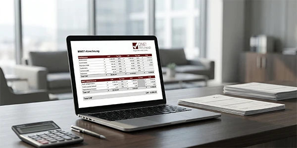 Ein Laptop zeigt eine Finanzübersicht, ideal für Treuhanddienste, während ein Taschenrechner bereit für die Steuerberatung liegt.
